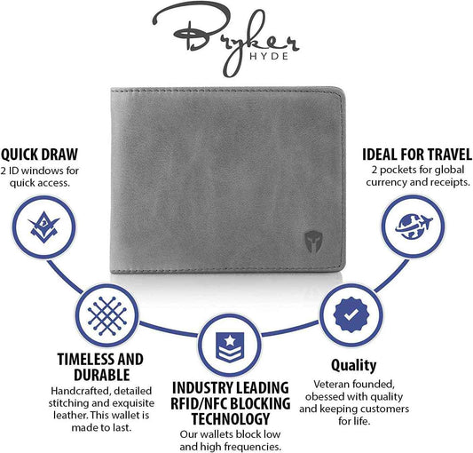 Men's RFID Wallet with ID Window, Full Grain Leather, Bifold Side Flip Design, Executive Extra Capacity Travel Wallet in Slate Gray Distressed Leather