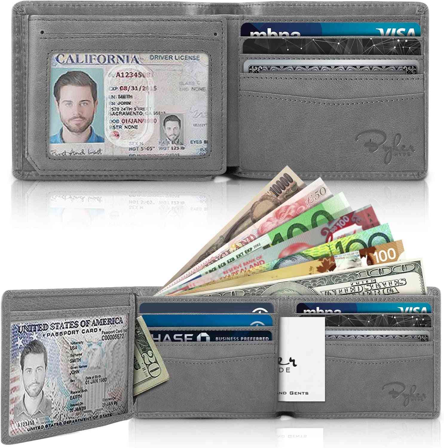 Men's RFID Wallet with ID Window, Full Grain Leather, Bifold Side Flip Design, Executive Extra Capacity Travel Wallet in Slate Gray Distressed Leather