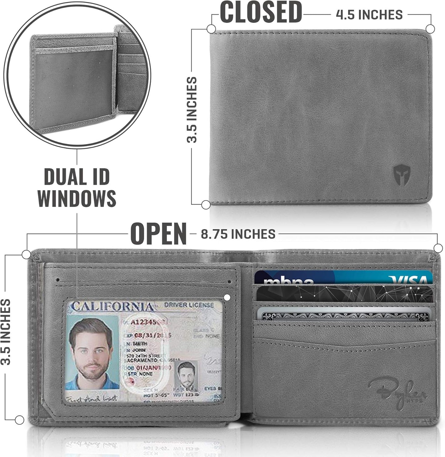 Men's RFID Wallet with ID Window, Full Grain Leather, Bifold Side Flip Design, Executive Extra Capacity Travel Wallet in Slate Gray Distressed Leather