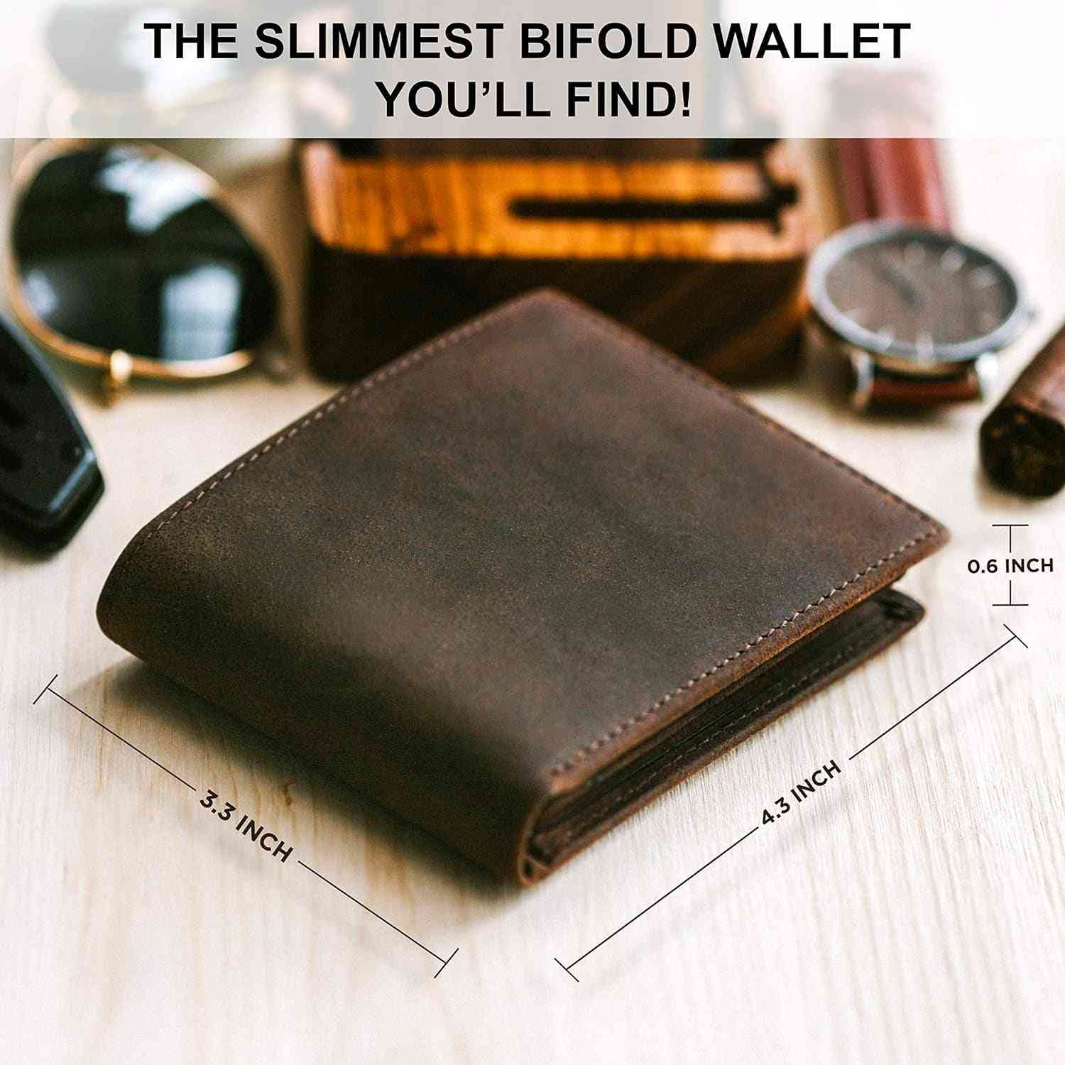 Men's Top Grain Leather Wallet | RFID Blocking | Bifold Design with Extra Capacity and 2 ID Windows | Durable Stitching | Slim Billfold with 8 Card Slots | Ideal Gift for Him