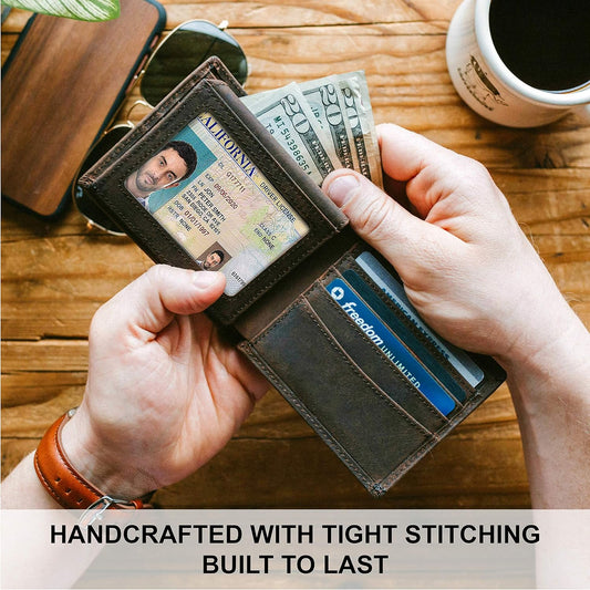 Men's Top Grain Leather Wallet | RFID Blocking | Bifold Design with Extra Capacity and 2 ID Windows | Durable Stitching | Slim Billfold with 8 Card Slots | Ideal Gift for Him