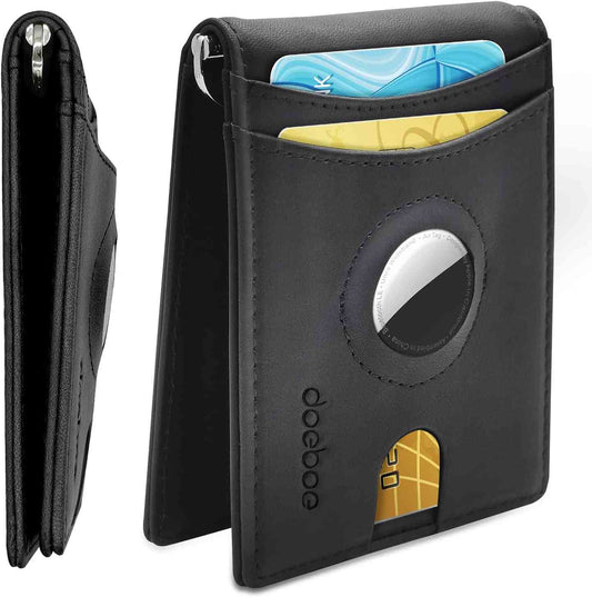 Genuine Leather Bifold Wallet with Money Clip and Airtag Holder - Minimalist RFID Slim Front Pocket Wallet for Men and Women, Ideal Father's Day Gift