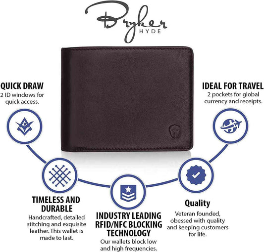 Men's Executive RFID Wallet - Full Grain Leather, Bifold Top Flip with Dual ID Windows and Extra Capacity for Travel
