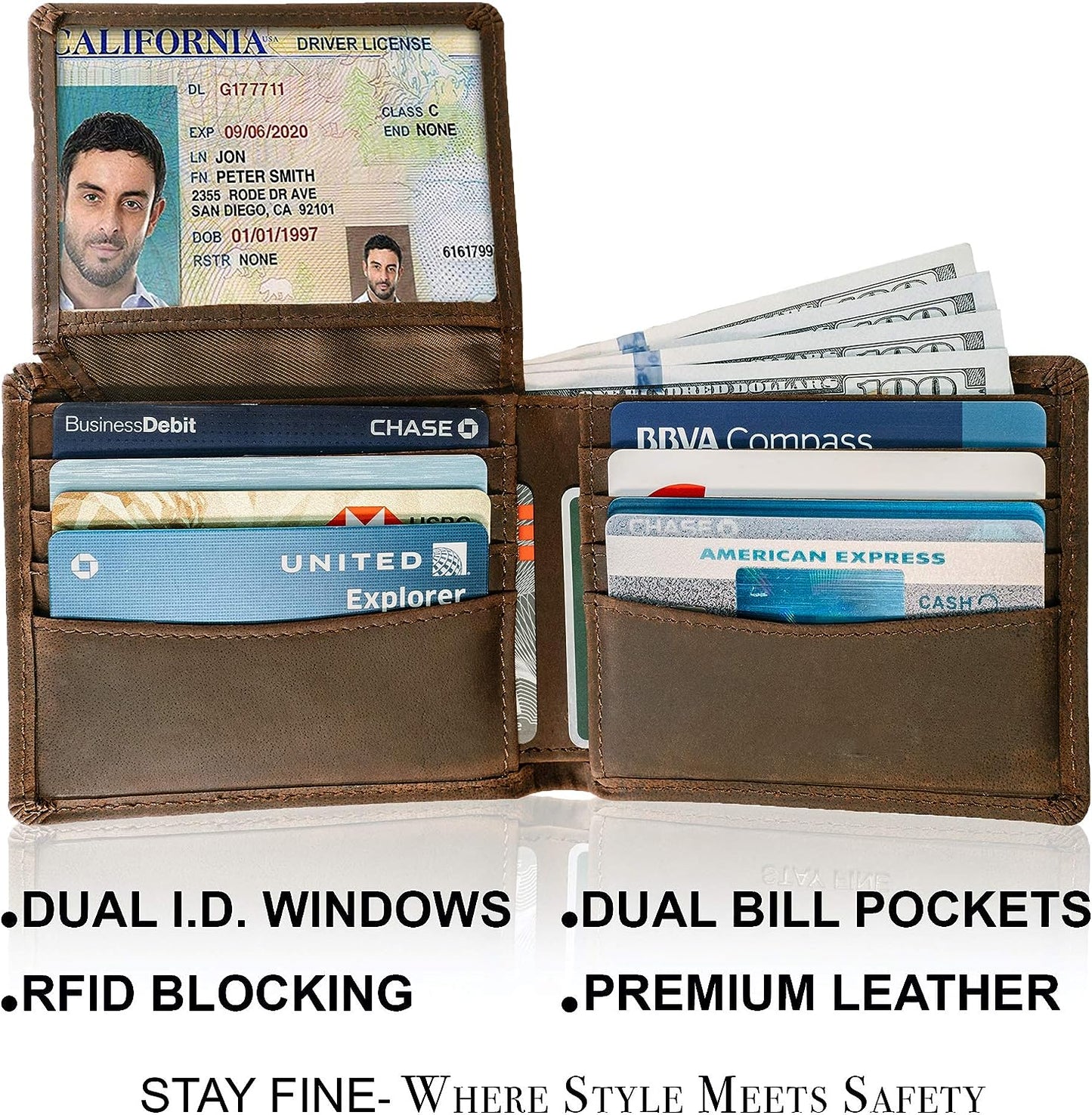 Men's Top Grain Leather Wallet | RFID Blocking | Bifold Design with Extra Capacity and 2 ID Windows | Durable Stitching | Slim Billfold with 8 Card Slots | Ideal Gift for Him