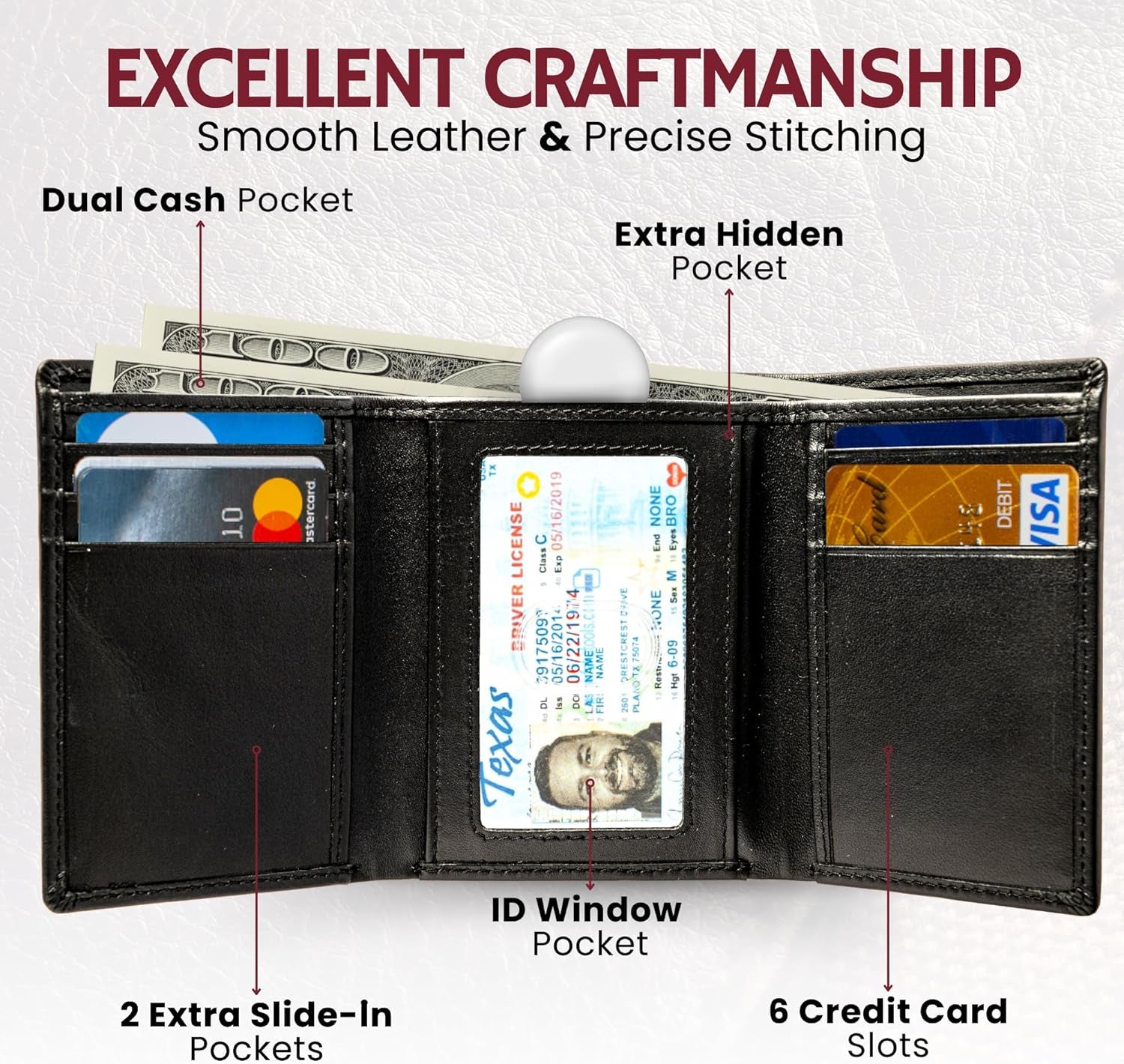Authentic Nappa Leather Men's Trifold Wallet with RFID Protection and ID Window