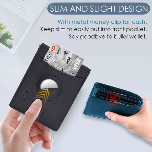 Genuine Leather Bifold Wallet with Money Clip and Airtag Holder - Minimalist RFID Slim Front Pocket Wallet for Men and Women, Ideal Father's Day Gift